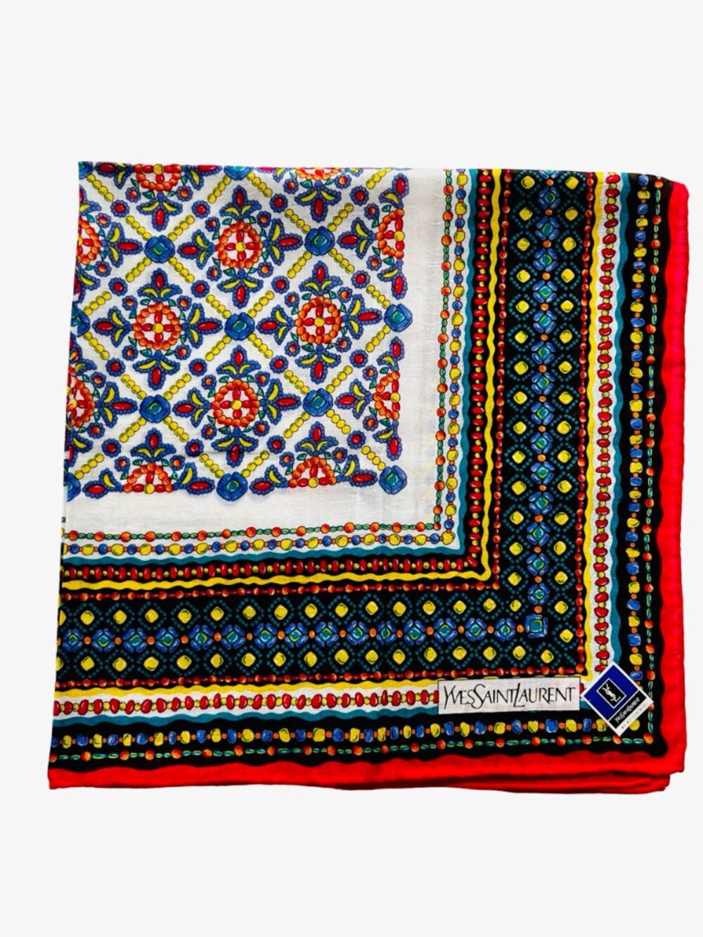 New W/Tag Yvest Saint Laurent Mini Scarf handker 20" Cotton white blue red (56) - Picture 2 of 6